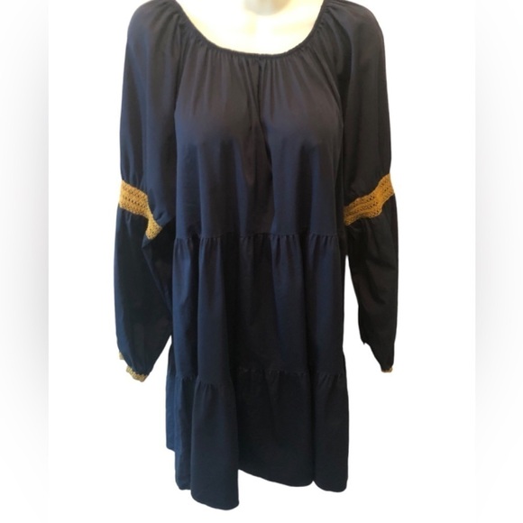 Elizabeth And James Boho Tiered Mini Shift Dress XL RegencyCore Navy Puff Sleeve - Picture 2 of 9